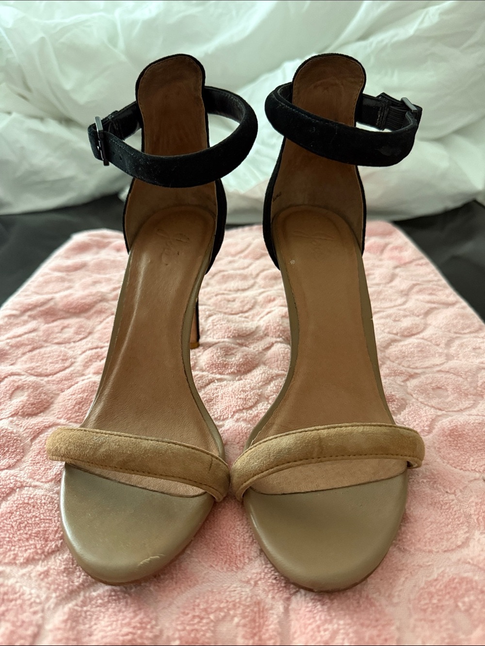 Joie Two-Tone Ankle Strap Heels in Black and Tan Suede